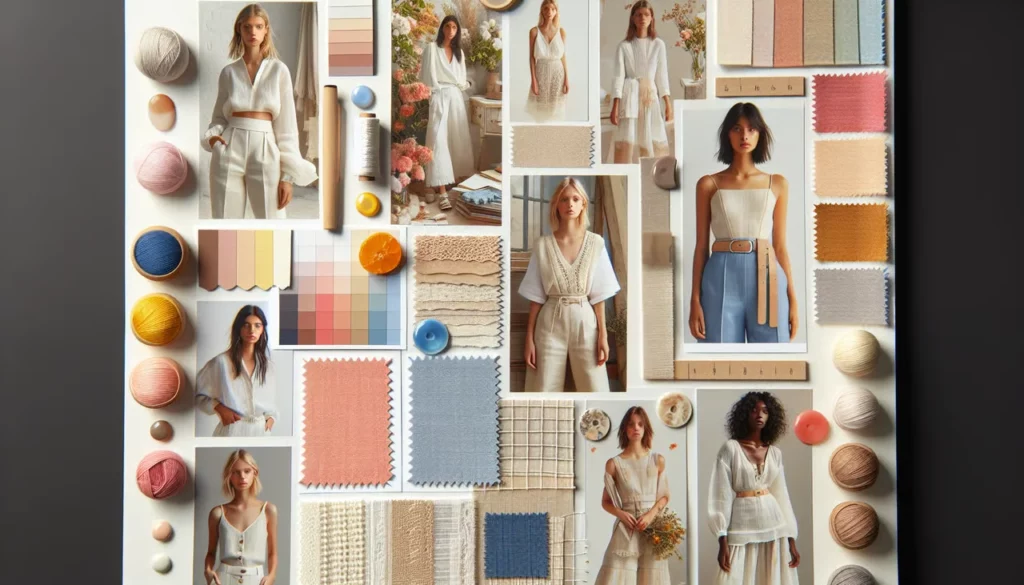 A fashion design mood board displaying AI-generated fabric patterns next to traditional fabric swatches - Bidaya Global